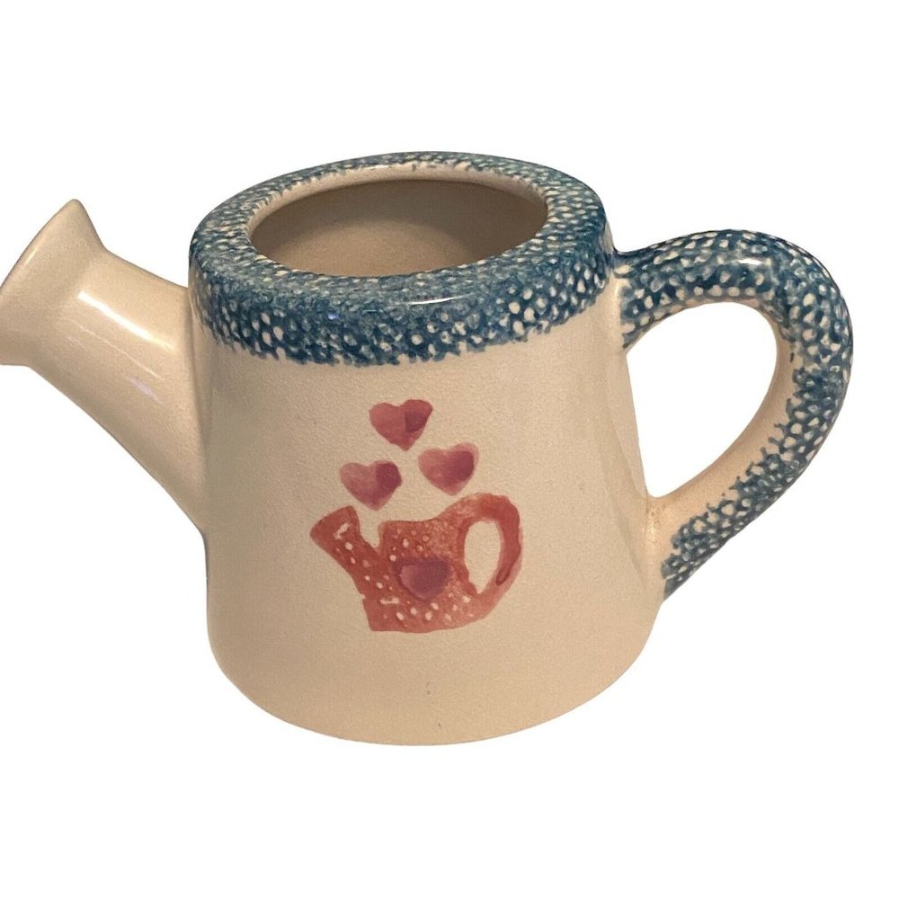 Vintage Hermitage Pottery Green And Cream Heart Spongeware Sprinkling Can